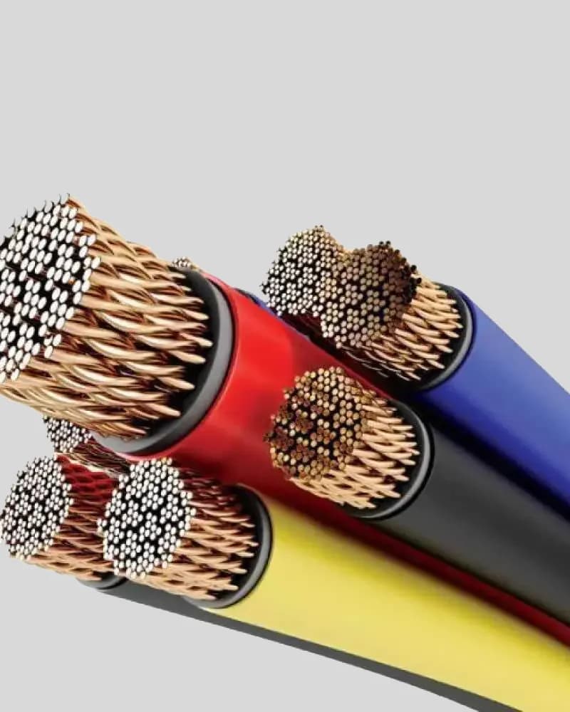 Câble électrique sectionné laissant apparaître la gaine, les isolants et les âmes de cuivre